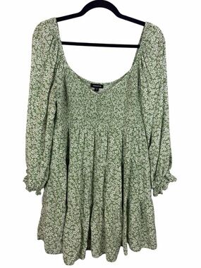 MottoShop Green Floral Smocked Babydoll Dress Size Large Cottagecore